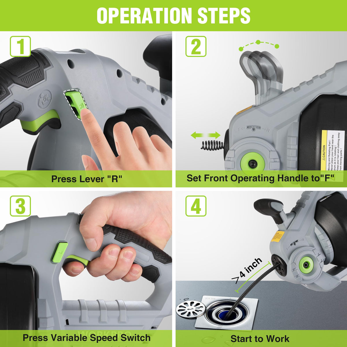 WORKPRO forward-reverse lever enabling controlled cable feed and rotation.