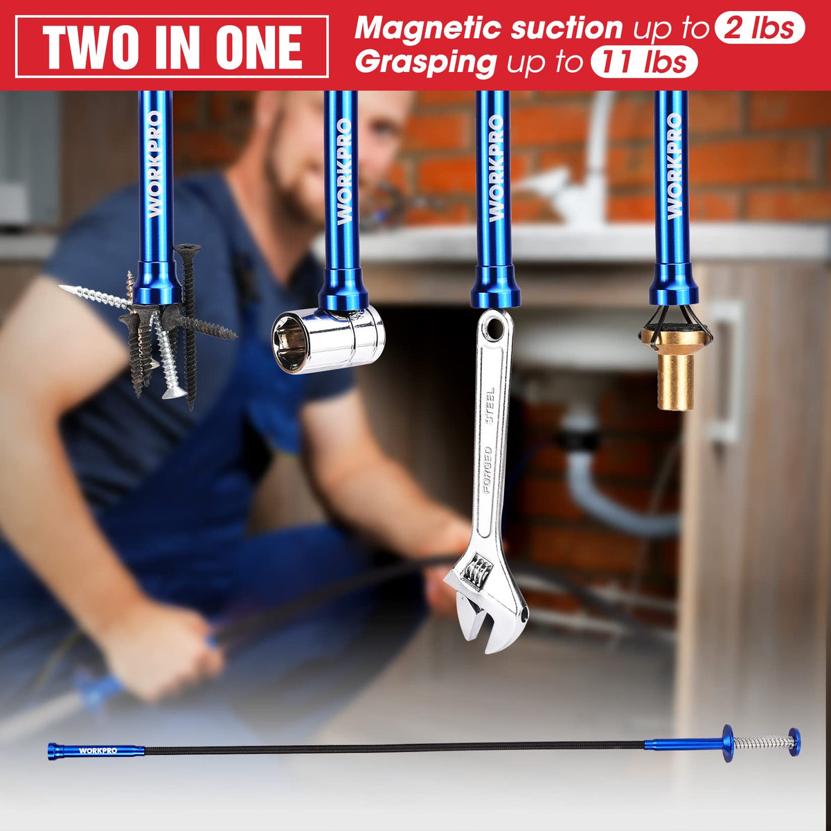 WORKPRO four-claw grabber tool flexible reach for curved items