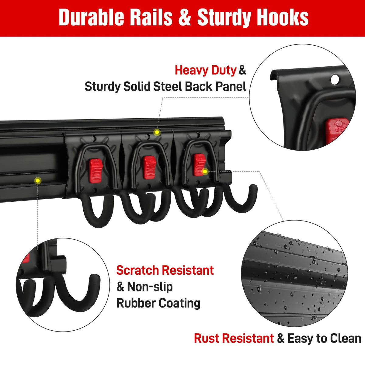 WORKPRO four-rail system showing adjustable hooks for flexible garage setup