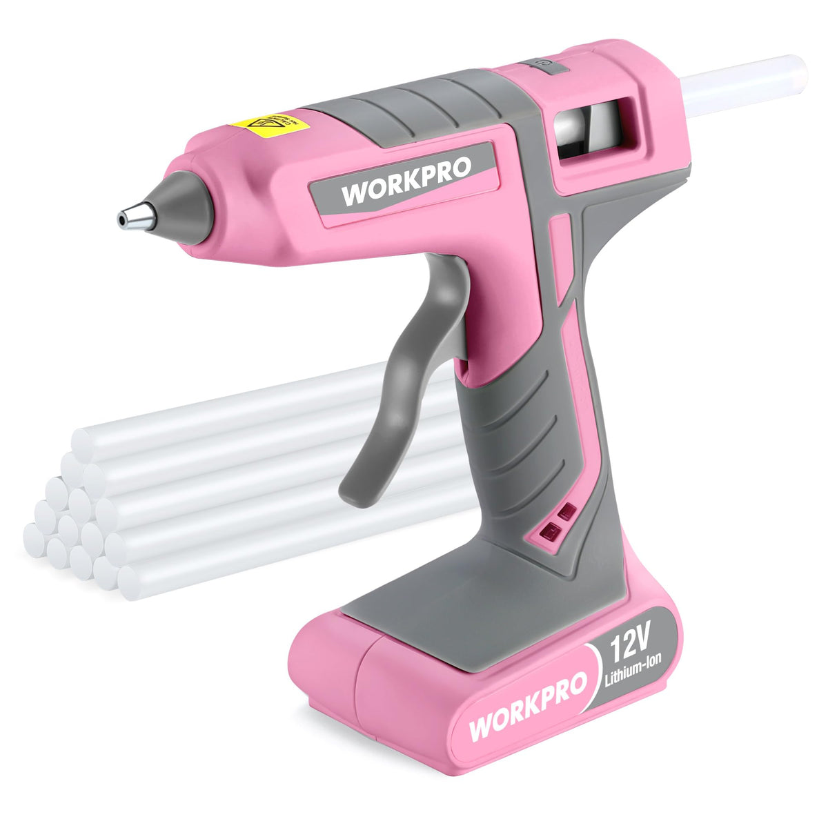 WORKPRO full-size cordless glue gun pink ribbon heats quickly for crafting