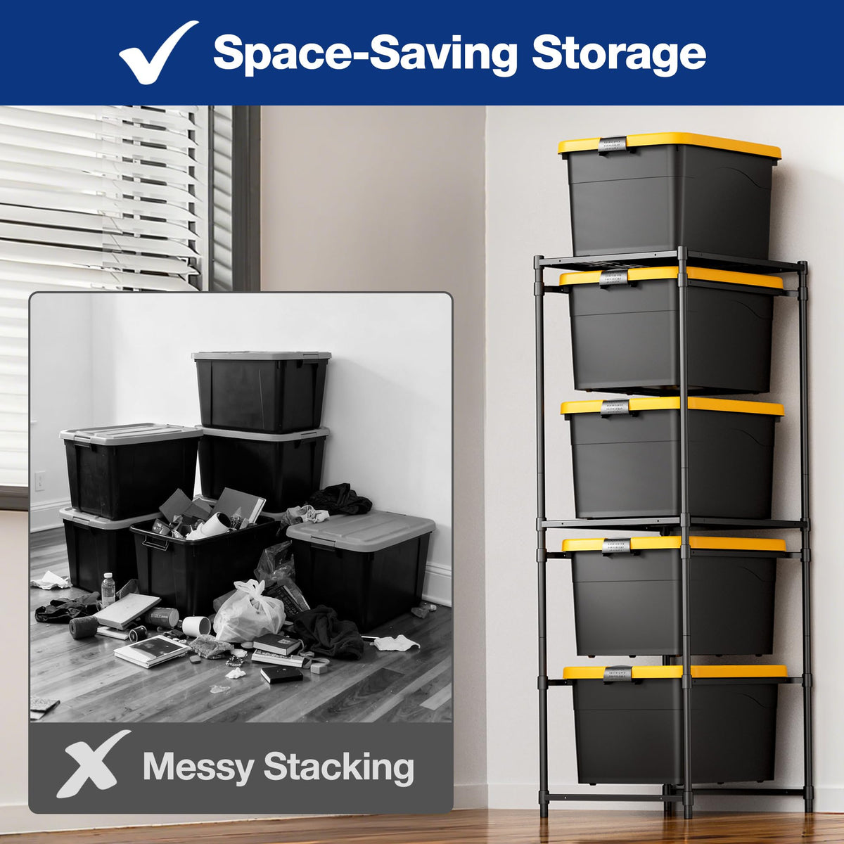 WORKPRO 5-Tier Tote Storage Rack in a garage neatly organizes seasonal gear.