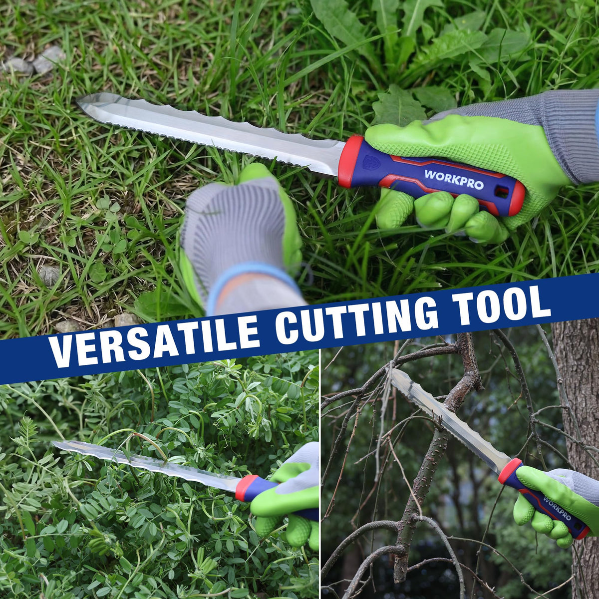 WORKPRO garden use illustrating tree and bamboo cutting with this versatile knife.
