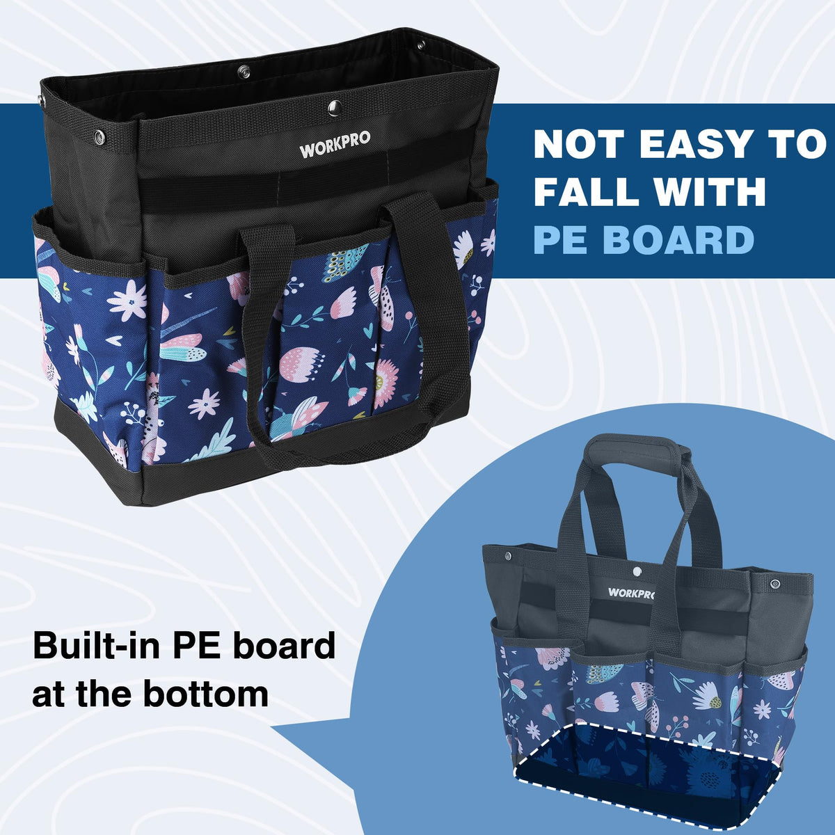 WORKPRO bag deep pockets with elastic cords secure tools