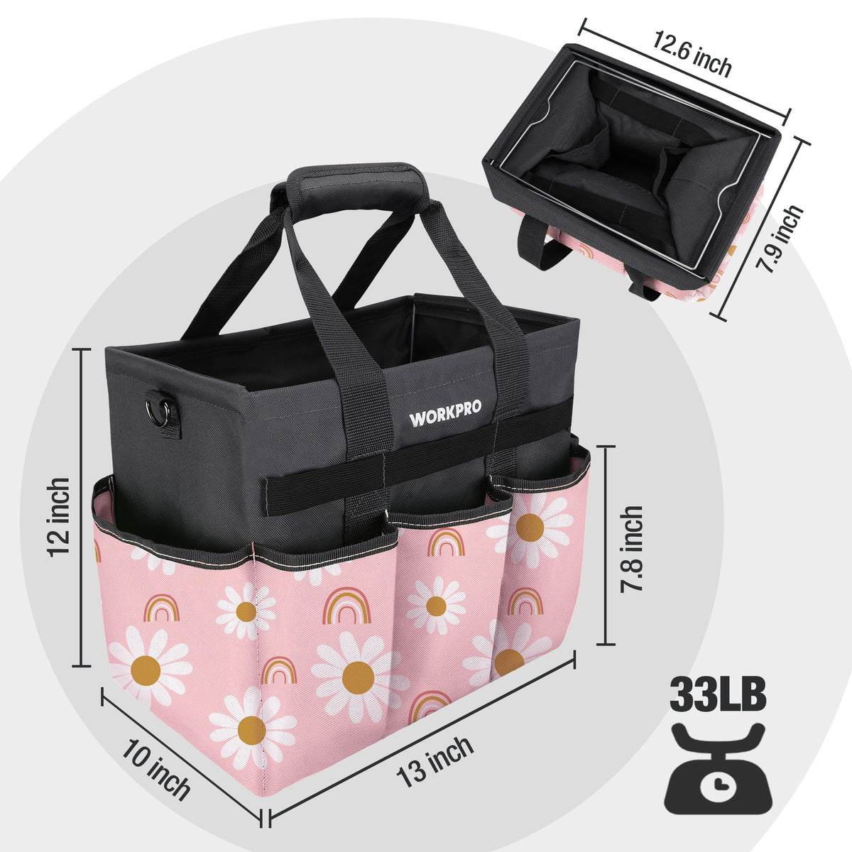 WorkPRO Garden Tool Bag exterior pockets store trowels and gloves for quick access.