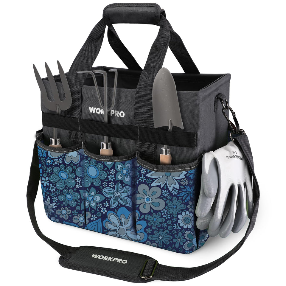 WORKPRO garden tool bag floral blue front view showing spacious interior
