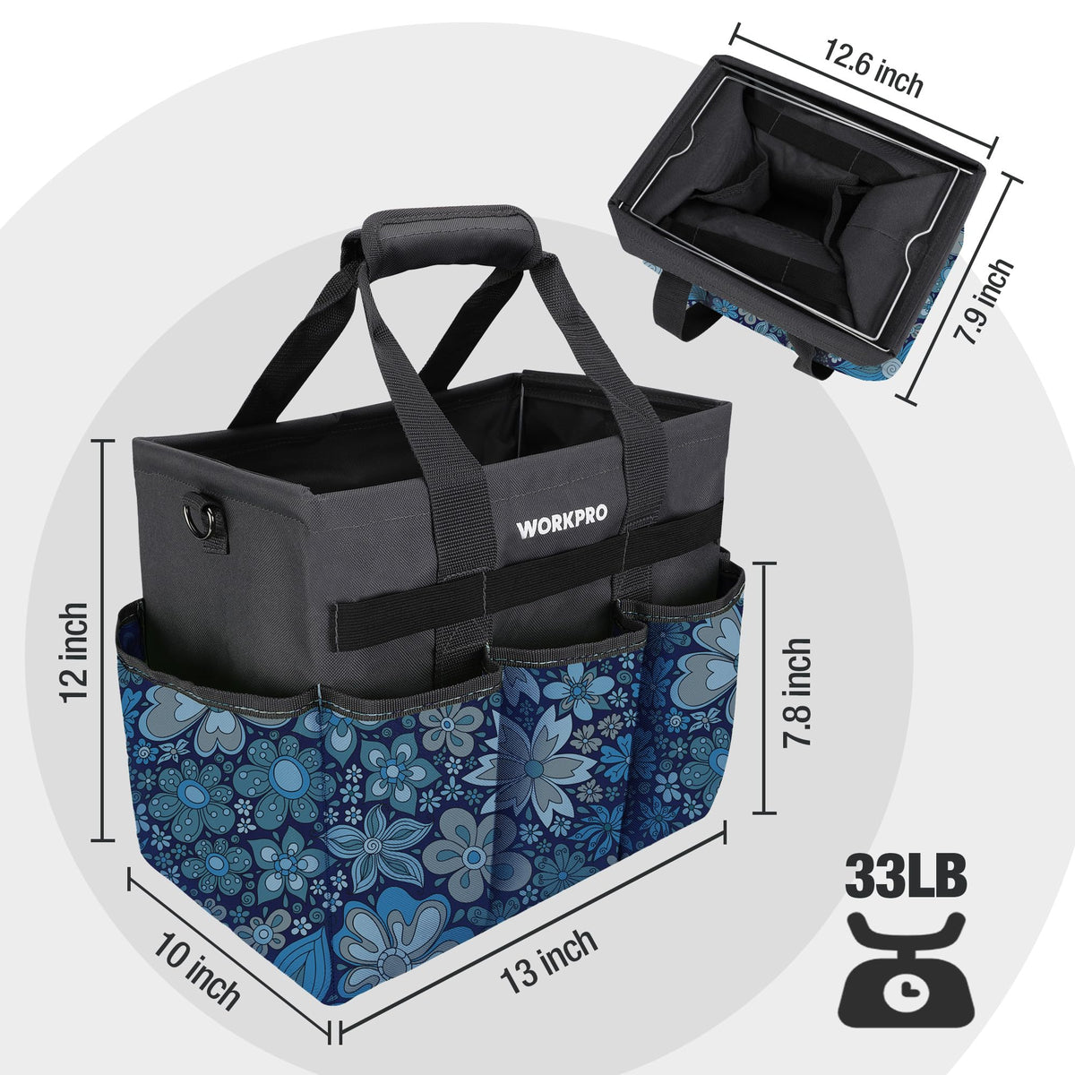 WORKPRO bag open mouth design for easy access to tools