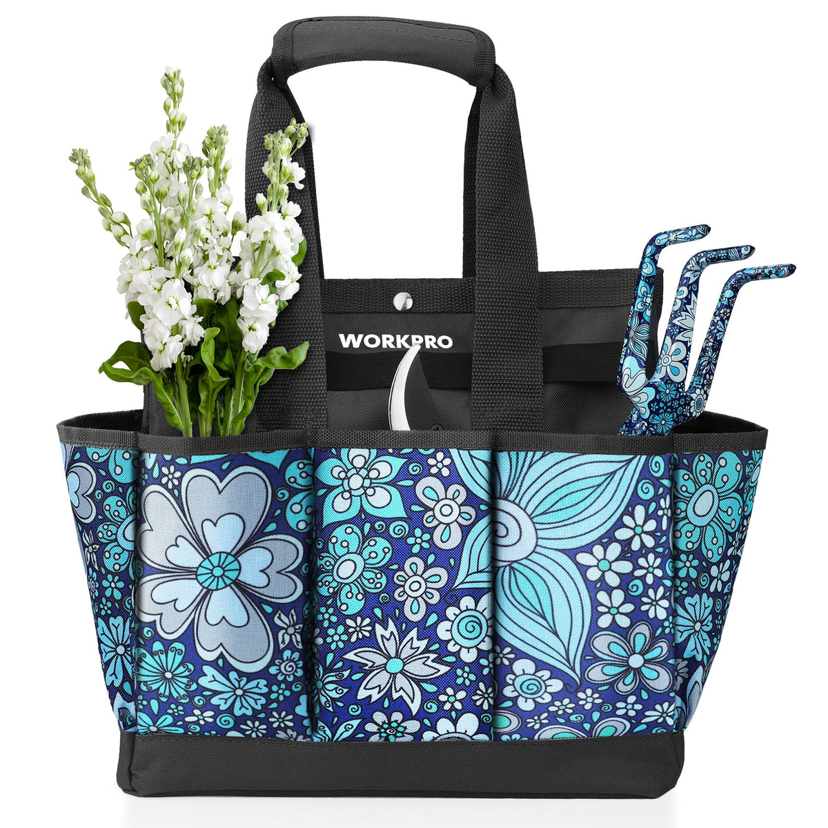 WORKPRO garden tool bag floral blue overview for organized gardening and easy access