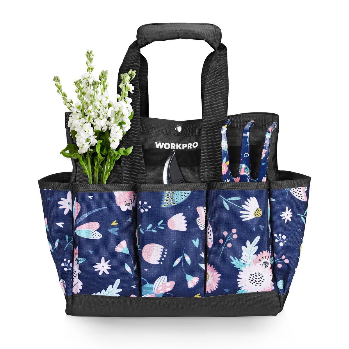 WORKPRO garden tool bag front view with 9 pockets for easy tool access