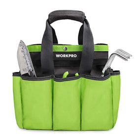 WORKPRO Garden Tool Bag front view shows six external pockets for quick access.