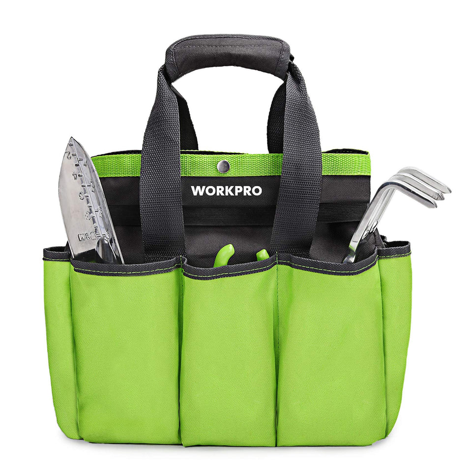 WORKPRO Garden Tool Bag front view shows six external pockets for quick access.