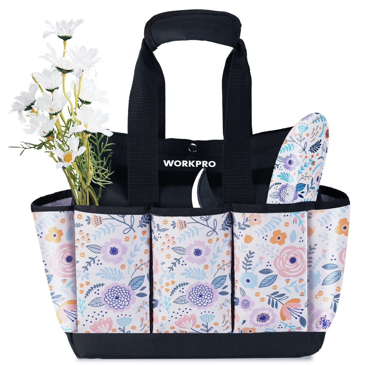 WORKPRO Garden Tool Bag front view with quick-access pockets for tools.