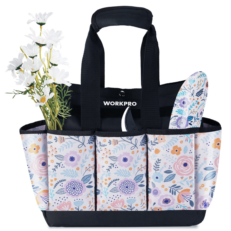WORKPRO Garden Tool Bag front view with quick-access pockets for tools.