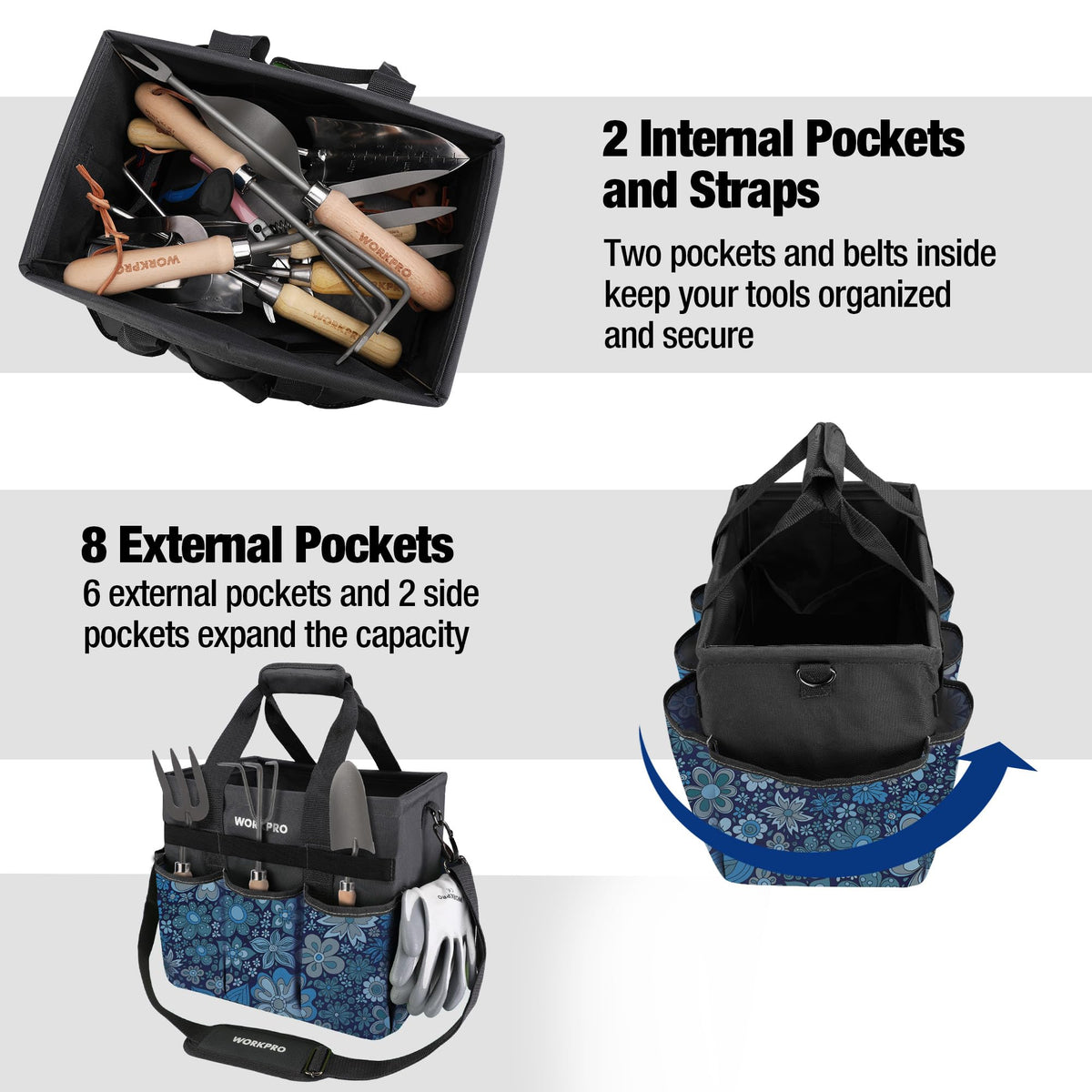 Interior pockets highlight orderly storage of hand tools