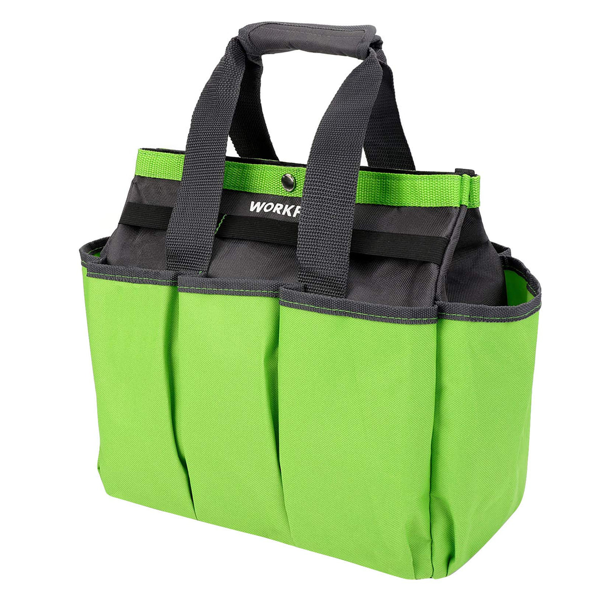 WORKPRO Garden Tool Bag interior view demonstrates 12in x 12in x 6in capacity for organized tools.