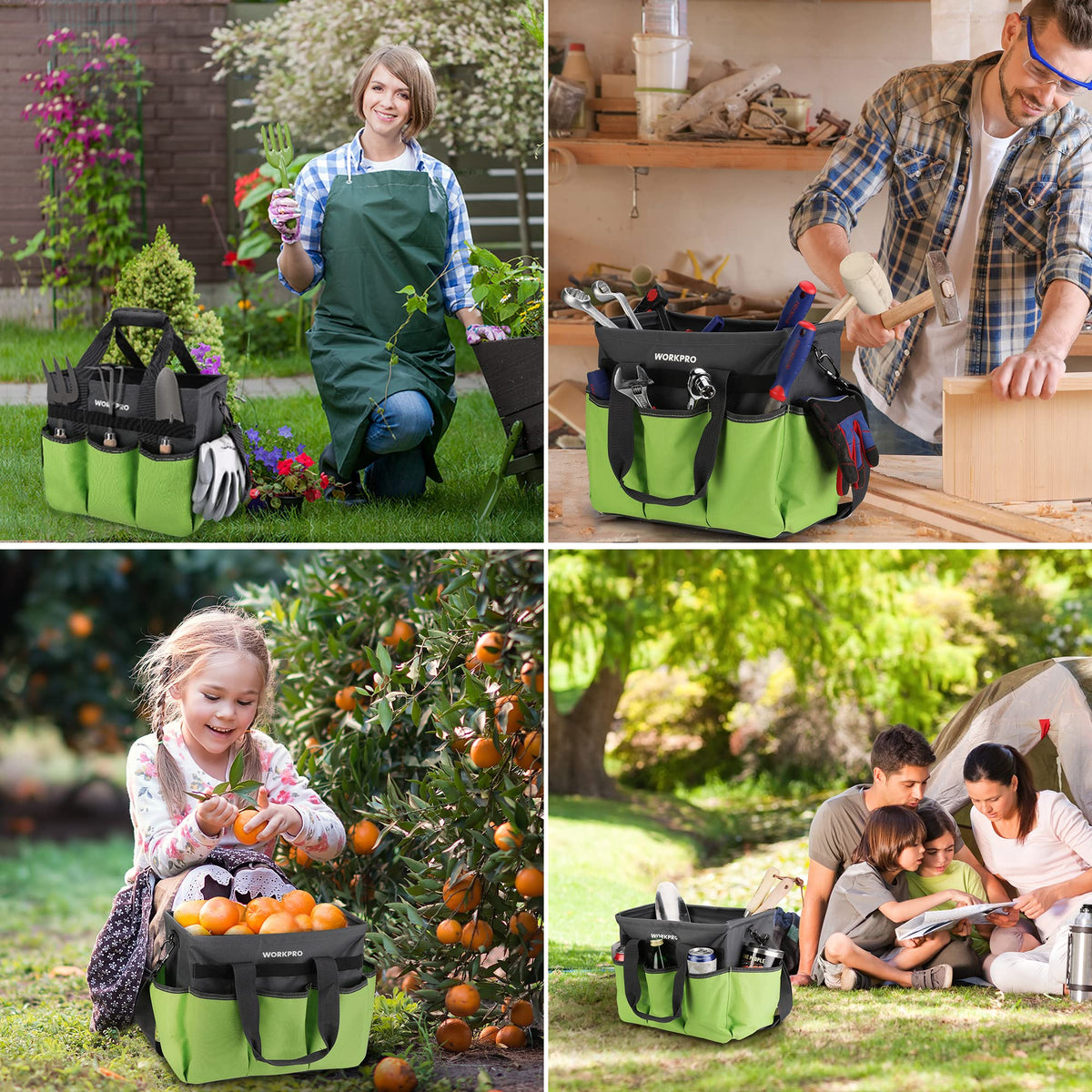 WORKPRO Garden Tool Bag Multi-use storage for gardening and home organization.