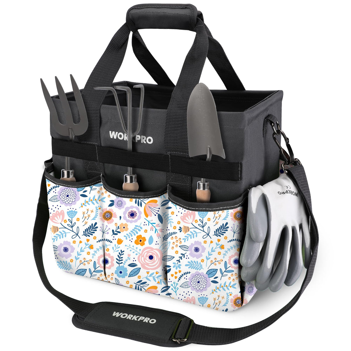 WORKPRO Garden Tool Bag Organizer inside pockets for quick tool access.