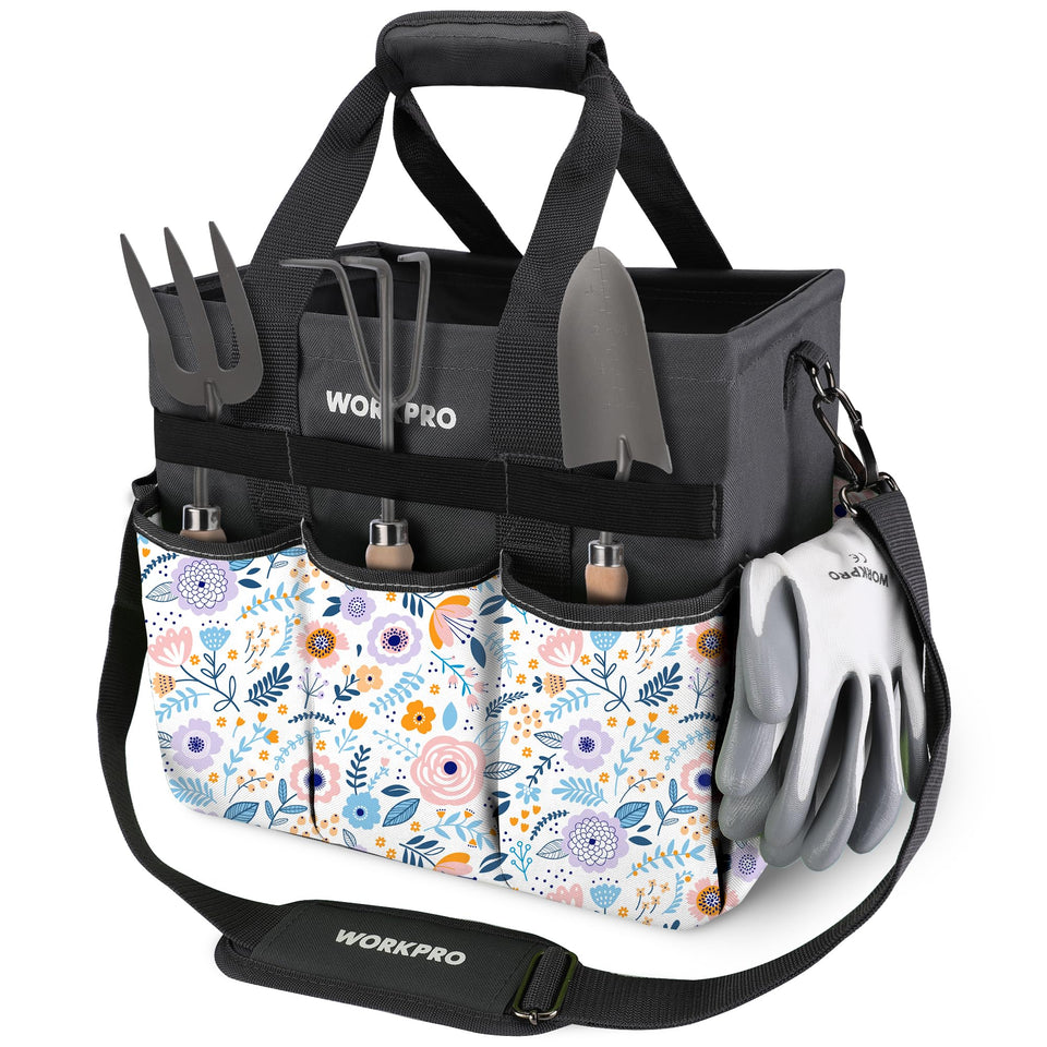 WORKPRO Garden Tool Bag Organizer inside pockets for quick tool access.
