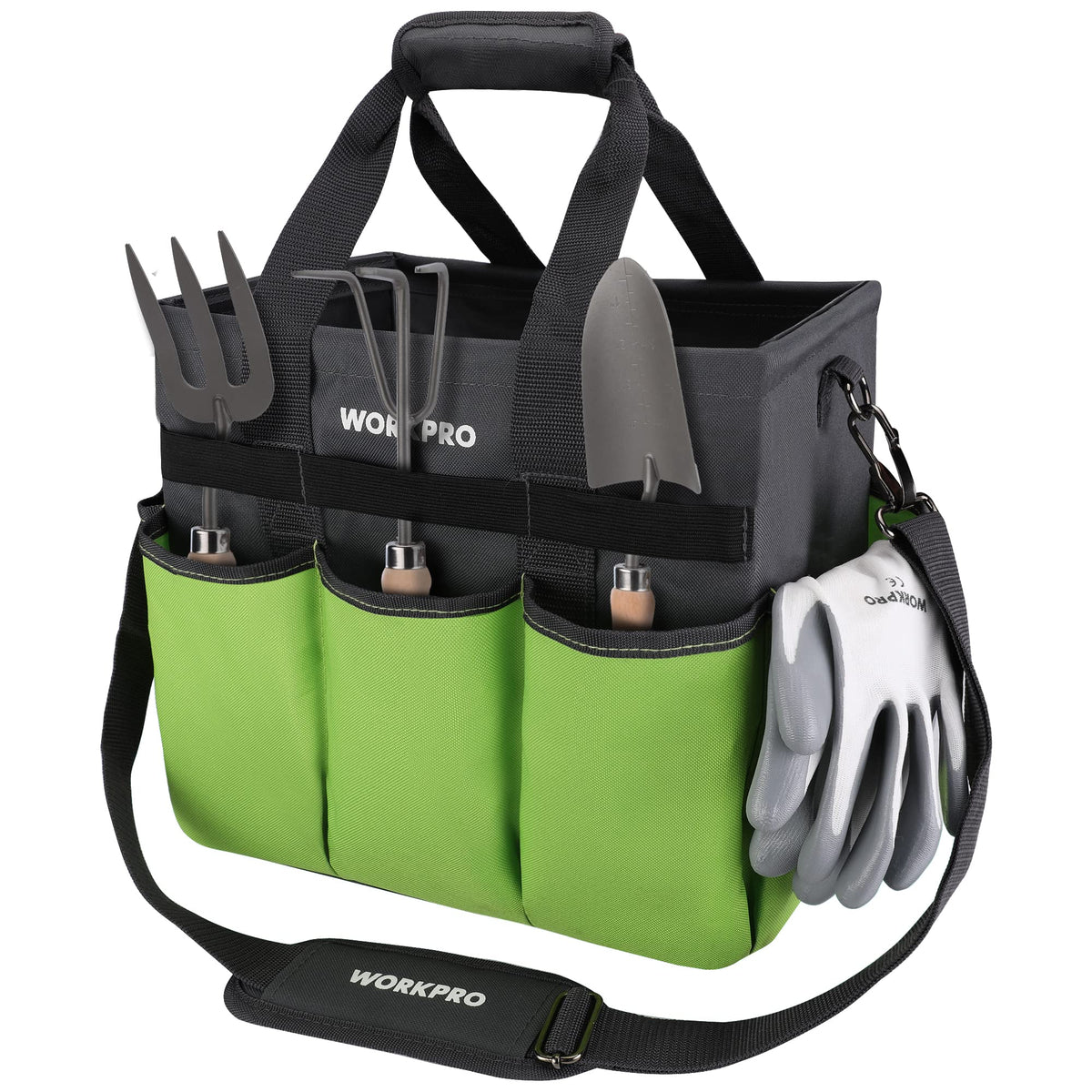 WORKPRO Garden Tool Bag Organizer stands upright for quick tool access during gardening tasks.
