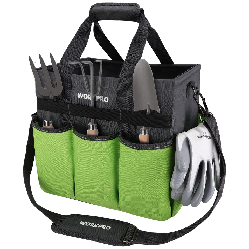 WORKPRO Garden Tool Bag Organizer stands upright for quick tool access during gardening tasks.