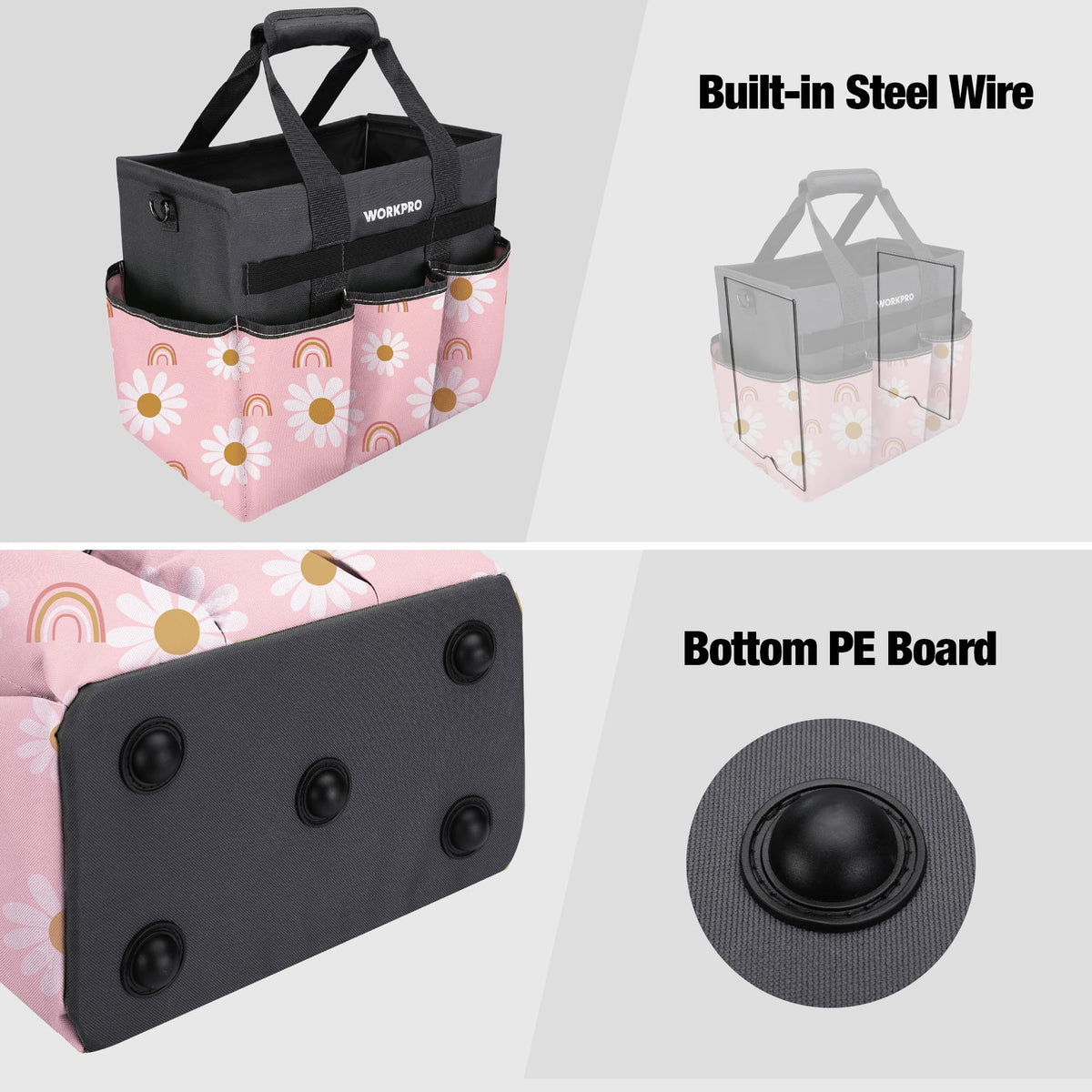 WorkPRO garden tote has padded anti-slip handle and adjustable shoulder strap.