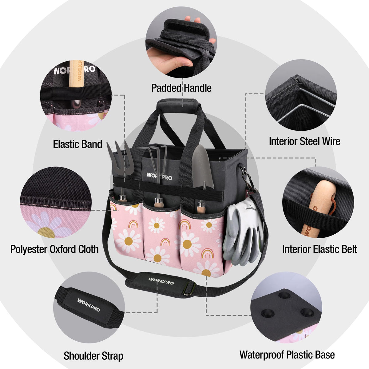 WorkPRO Garden Tool Bag stands upright with a wide mouth for easy loading.