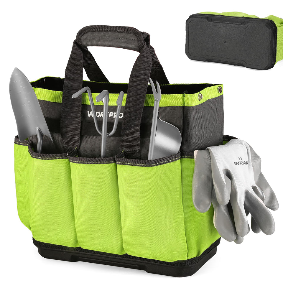 WORKPRO garden tool bag with waterproof bottom keeps tools dry on damp ground