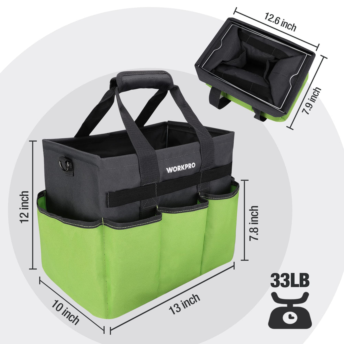 WORKPRO Garden Tool Bag Wide Mouth Design enables fast retrieval and tidy organization.