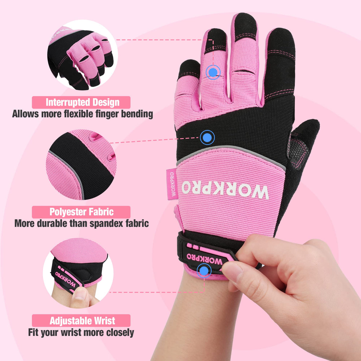 Workpro gloves adjustable wrist strap for secure fit.