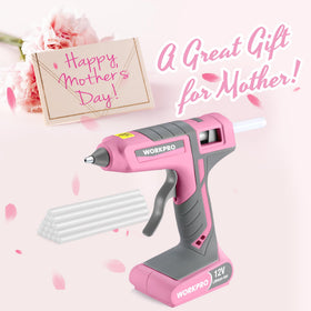WORKPRO glue gun on stand shows stable glue output for precise projects