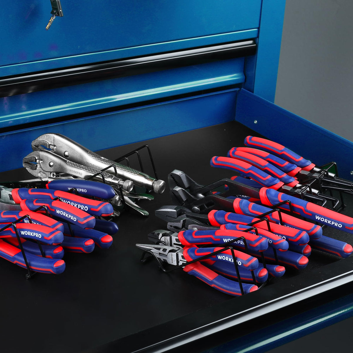WORKPRO groove joint pliers set with 8in, 10in, 12in sizes.