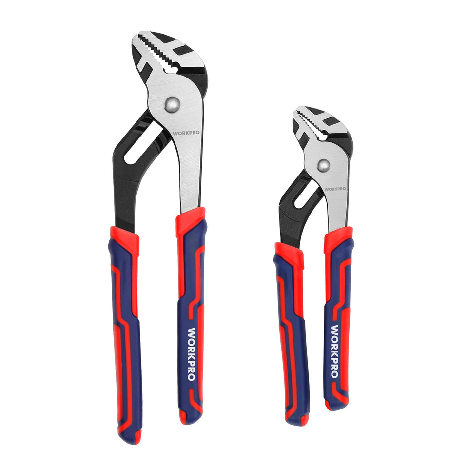 WORKPRO Groove Joint Pliers 8 inch close-up showing tight grip for plumbing tasks.