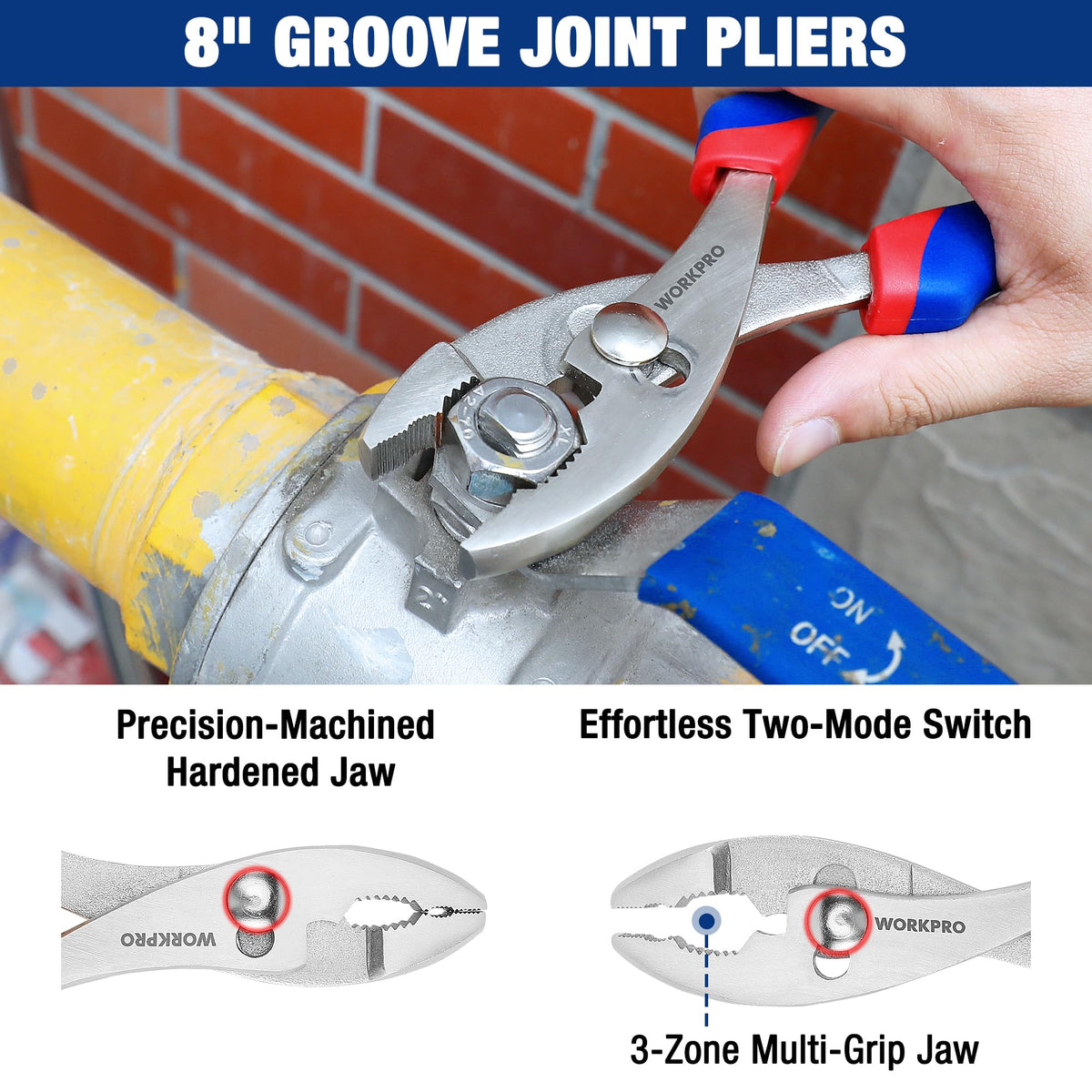 WorkPRO groove-joint pliers 8-inch enable wide-range grip adjustments and stubborn fasteners.