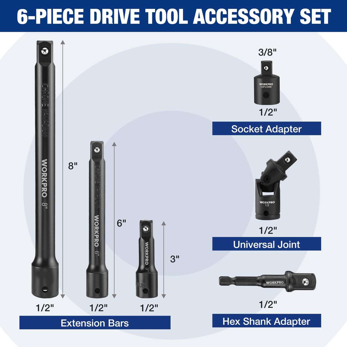 WORKPRO half-inch drive extension set in 6-inch length for deeper access