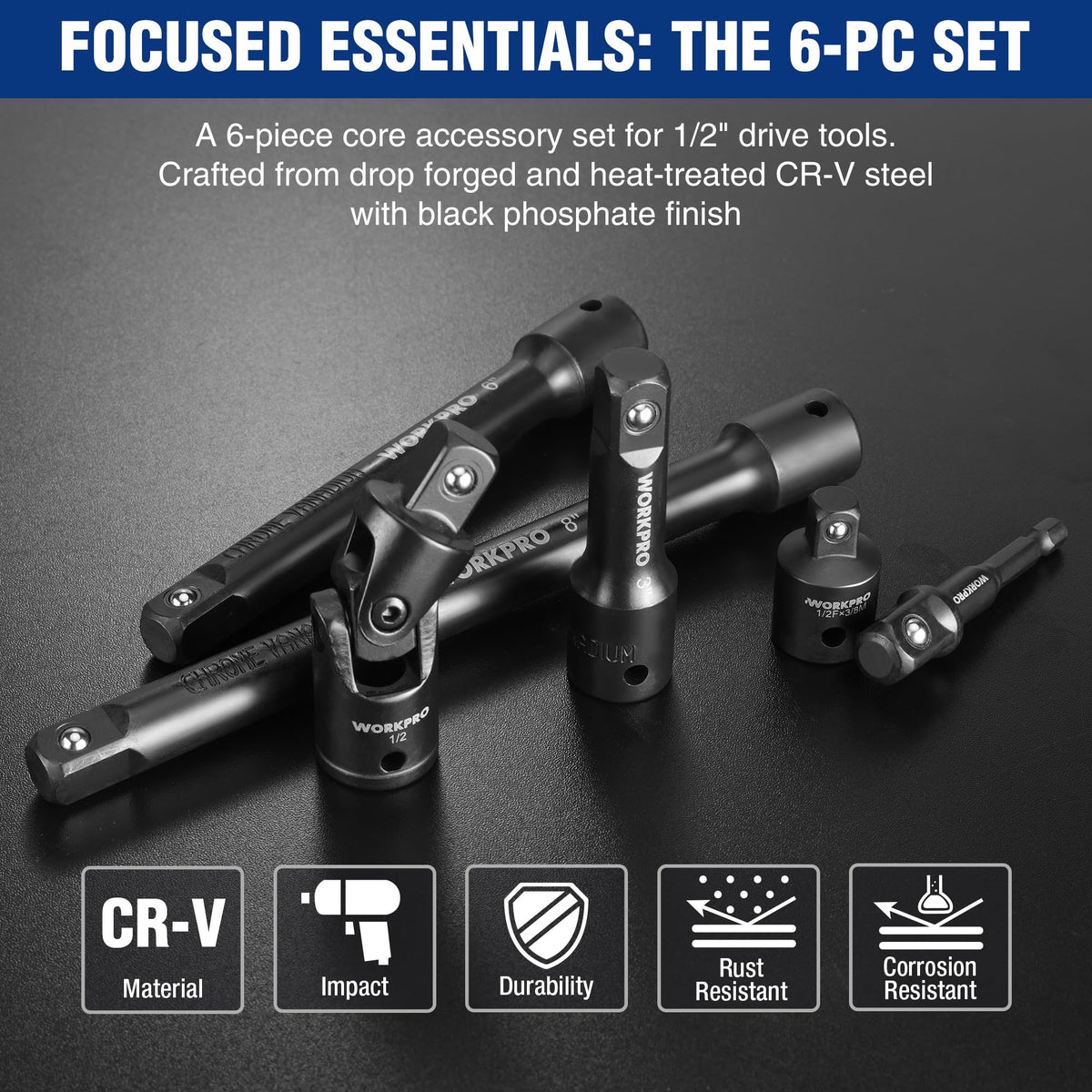 WORKPRO half-inch drive extension set in 8-inch length for hard-to-reach bolts