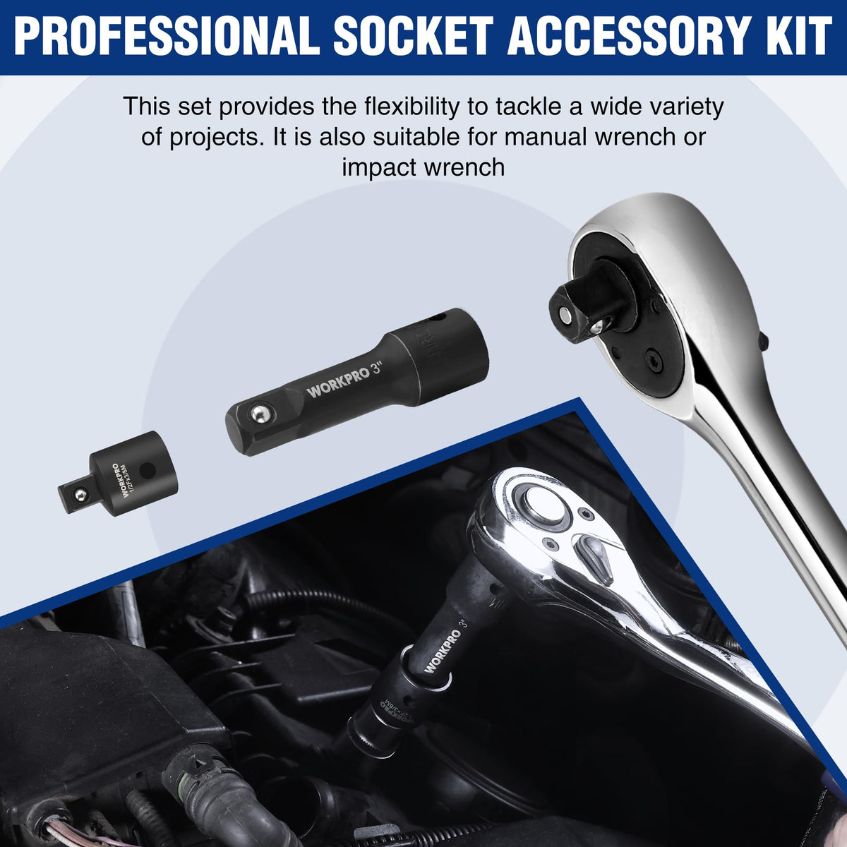 WORKPRO half-inch drive hex shank adapter for quick-change compatibility