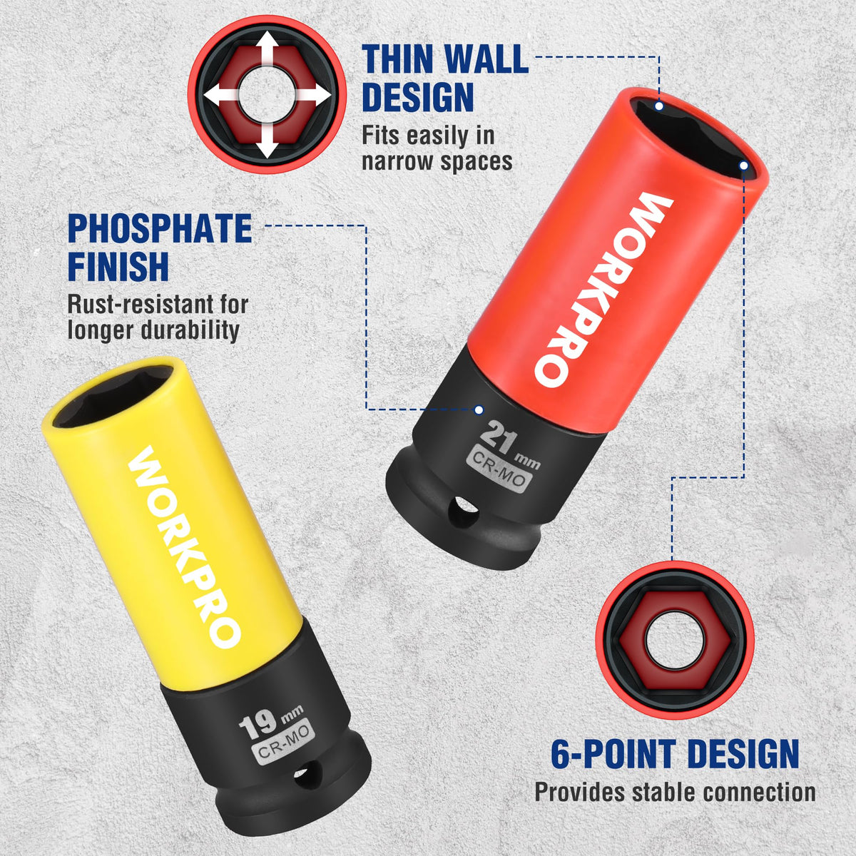 WORKPRO half-inch drive lug nut socket 22mm six-point design reduces rounding
