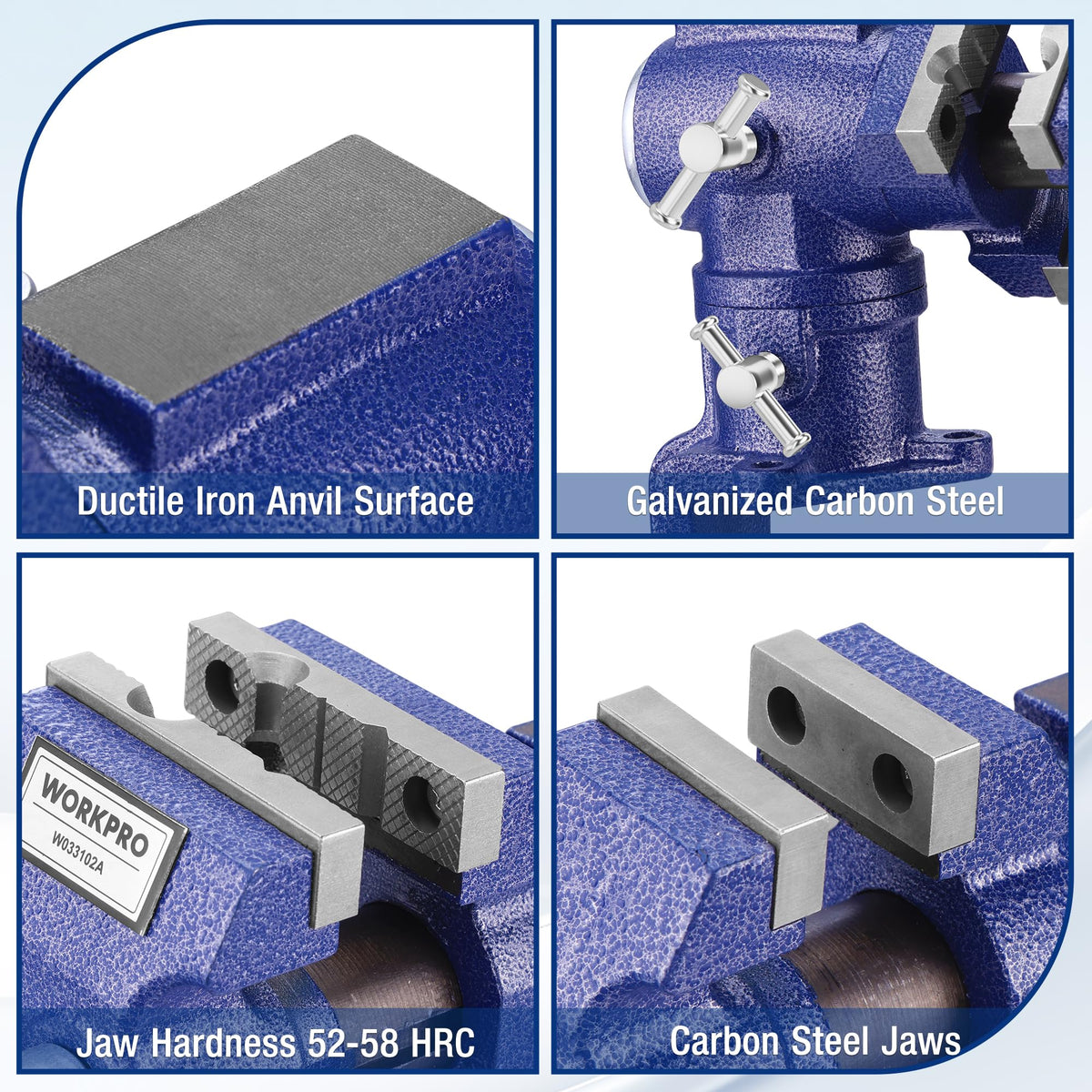 WORKPRO jaws hardened to 52–58 HRC for secure gripping
