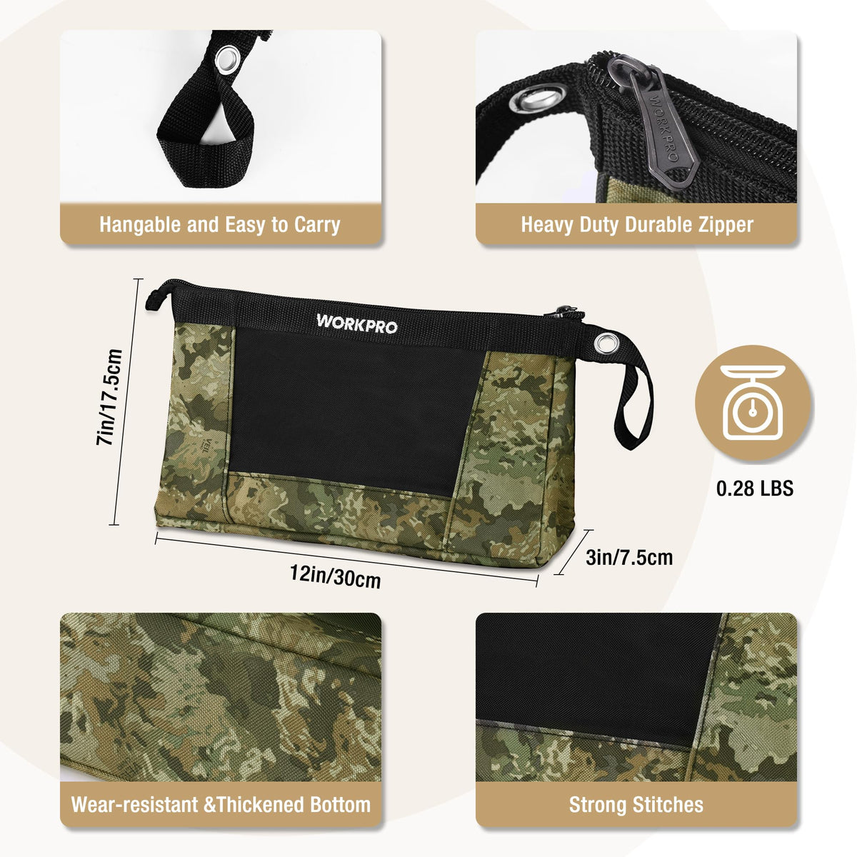 WORKPRO heavy-duty camouflage tool bag with mesh side for visibility of contents.