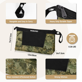 WORKPRO heavy-duty camouflage tool bag with mesh side for visibility of contents.
