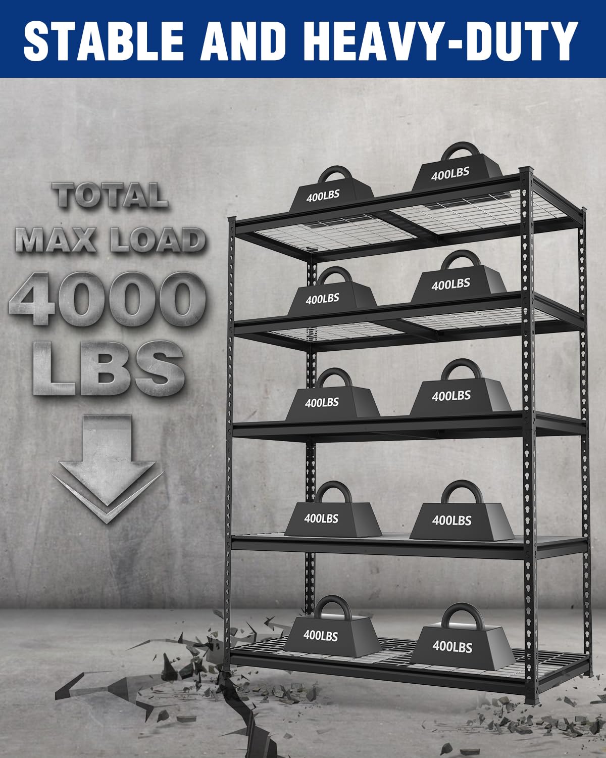 WORKPRO heavy-duty shelving with 4000 lbs capacity supports bulk tools securely.