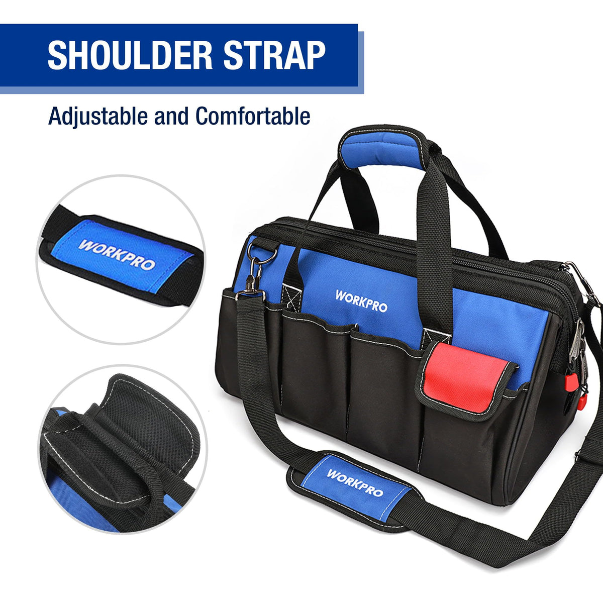 Heavy-duty shoulder strap provides comfortable carrying.