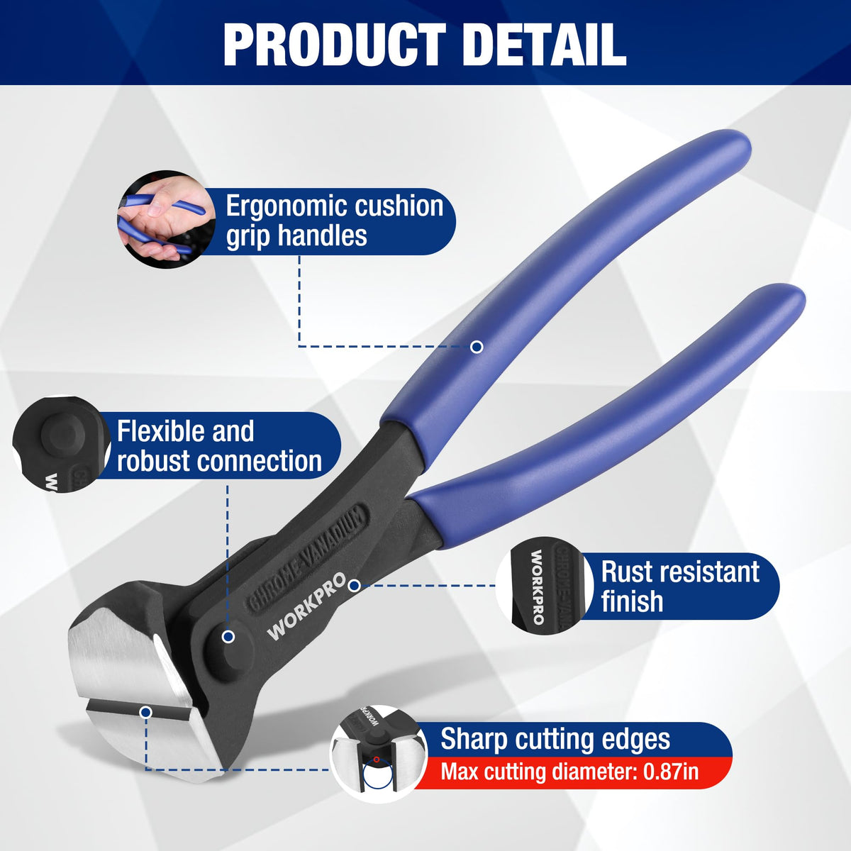 WORKPRO high leverage end cutting nipper illustrating precise wire and nail cuts