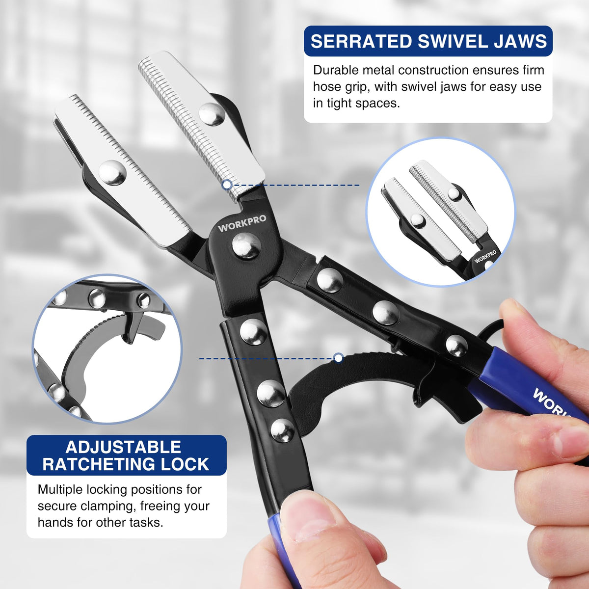 WORKPRO hose pinch-off pliers 8 inch grip detail shows serrated jaws for firm grip