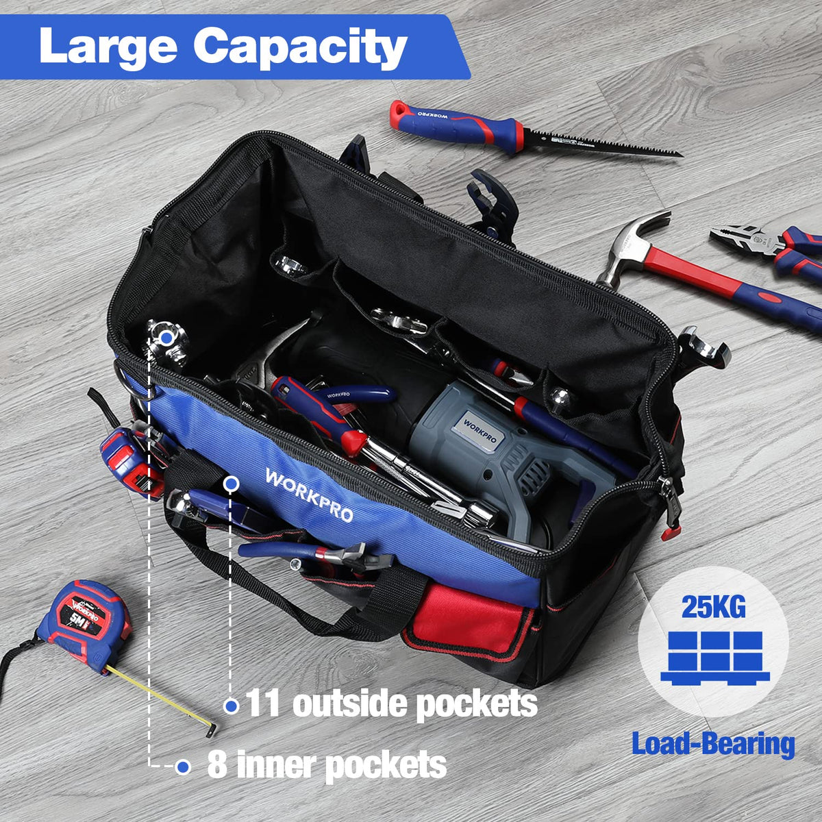 WORKPRO internal metal frame keeps bag opening wide for easy tool loading.