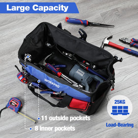 WORKPRO internal metal frame keeps bag opening wide for easy tool loading.