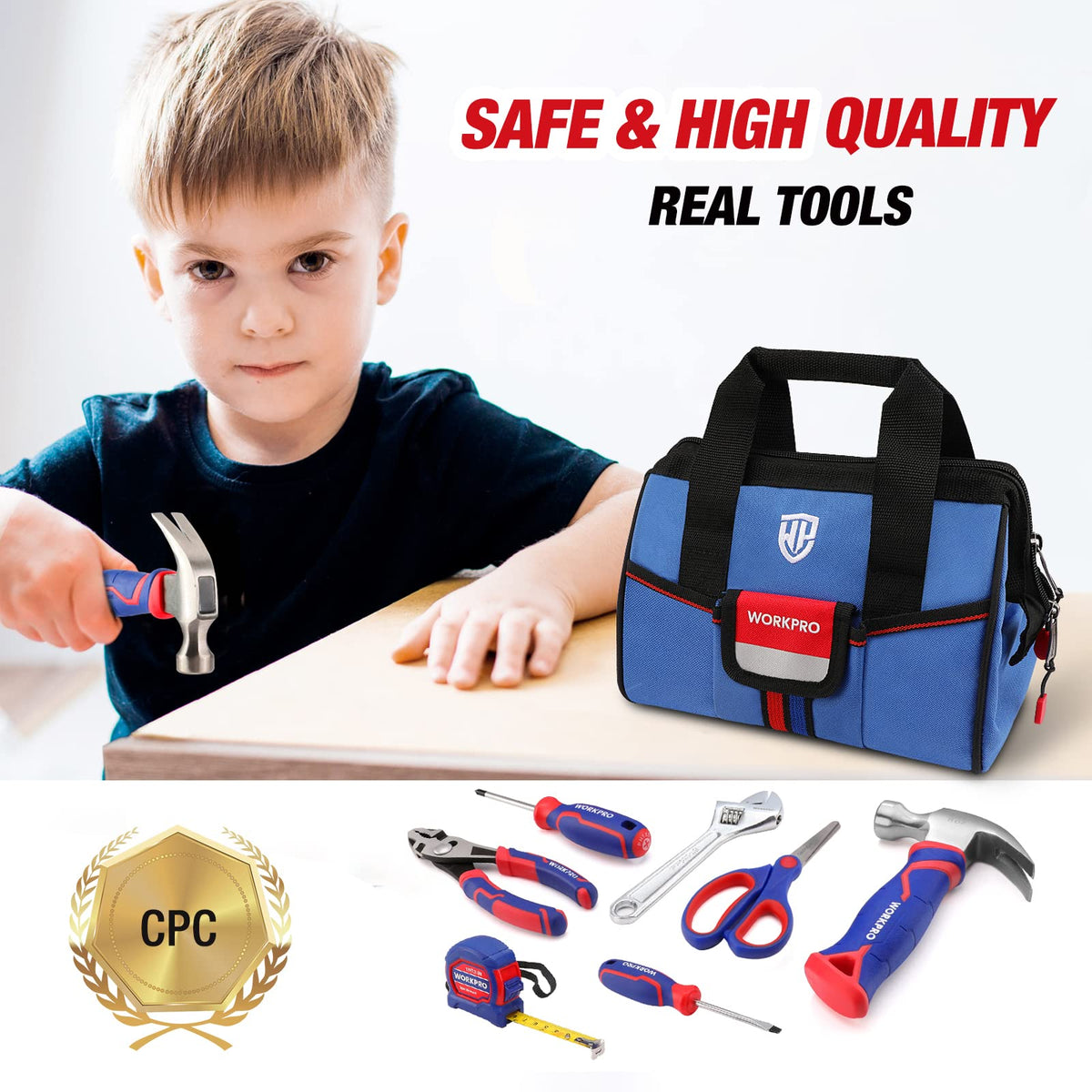 WorkPro Kids Tool Set: claw-hammer offers real tool feel for confident tasks.