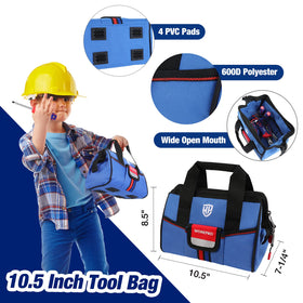 WorkPro Kids Tool Set: tape-measure extends to 12 ft for quick sizing.