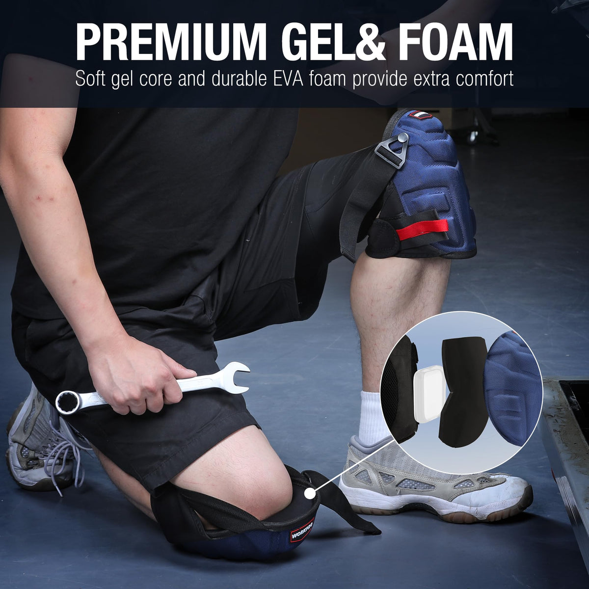 WORKPRO knee pads featuring dual adjustable straps for a secure fit.