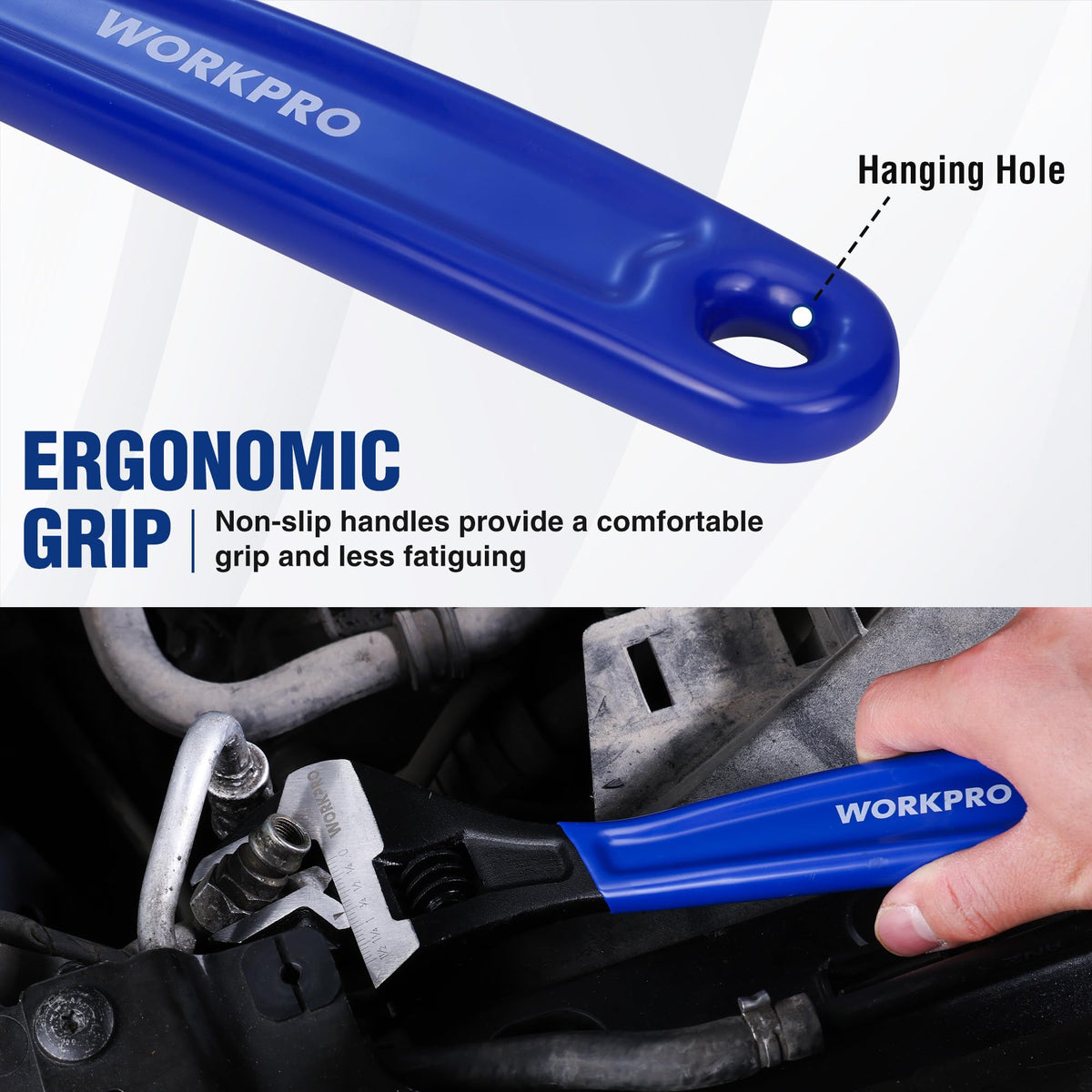 WORKPRO knurled adjustment ensures precise jaw tightening with minimal slip.