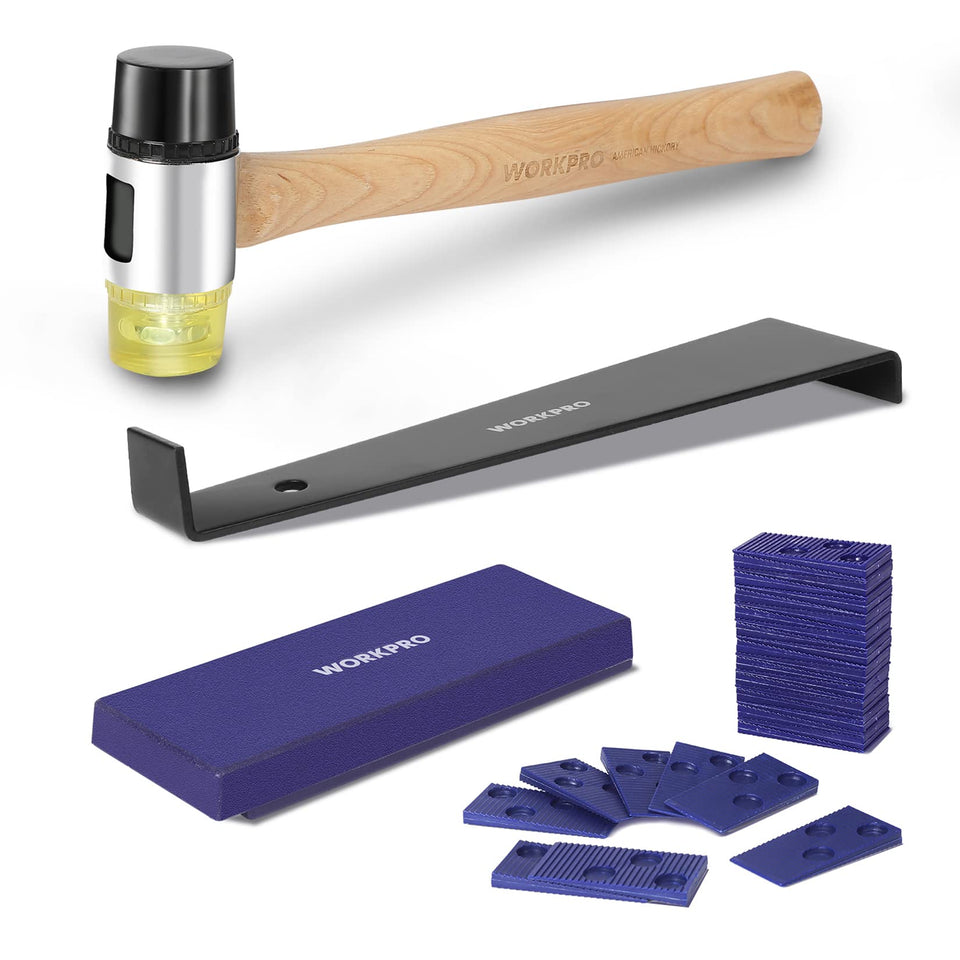 WORKPRO laminate install mallet with cast-iron head delivers precise, softened strikes for smooth installs.